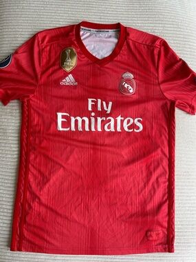 adidas Red Real Madrid Fly Emirates Kids Soccer Jersey